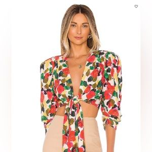 REVOLVE L'Academie The Nikkolai Top Floral Print Tie Front Blouson Sleeve Blouse